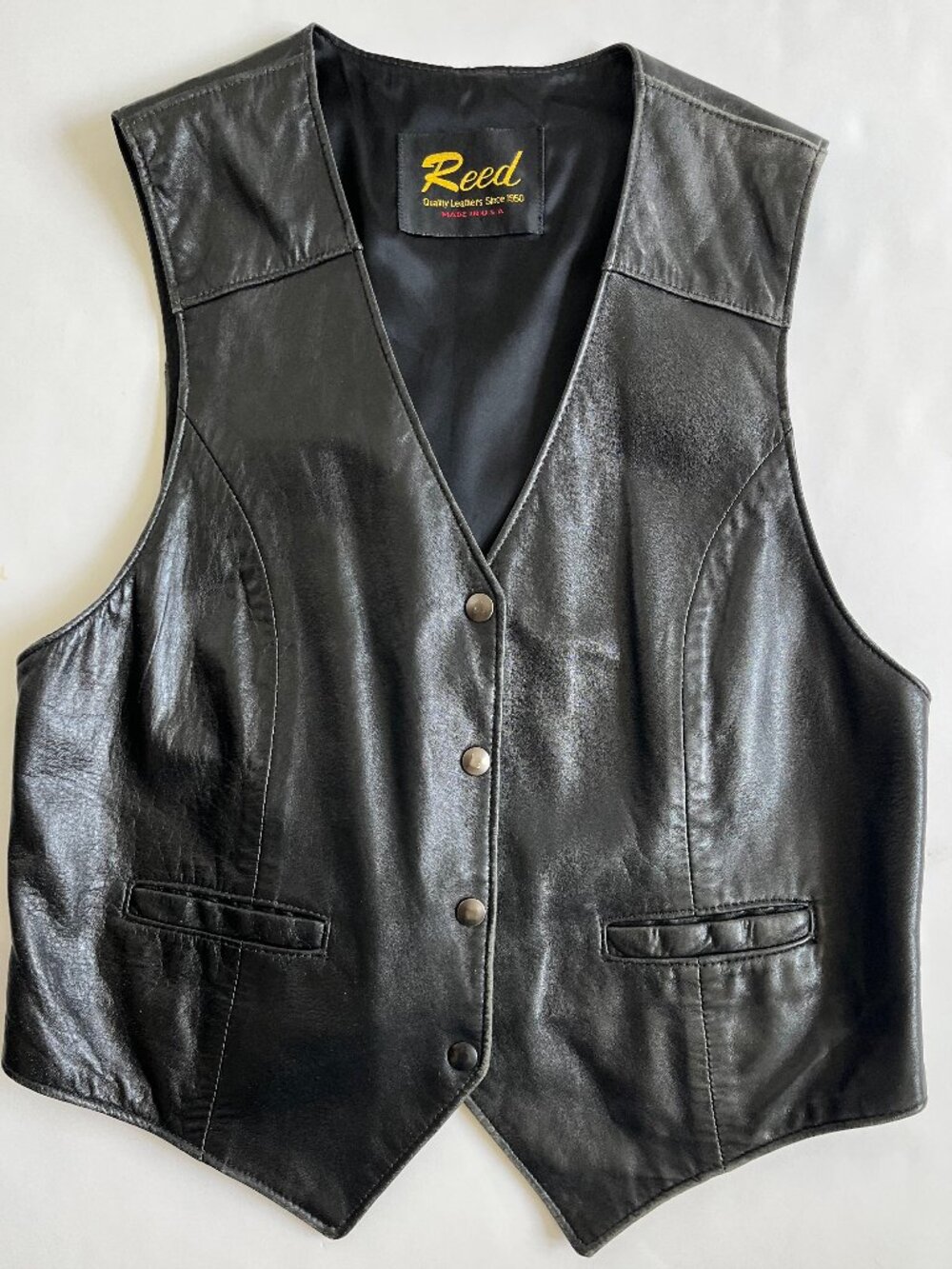 Vintage Men's REED Black Leather Lined Vest Biker USA Made Waistcoat